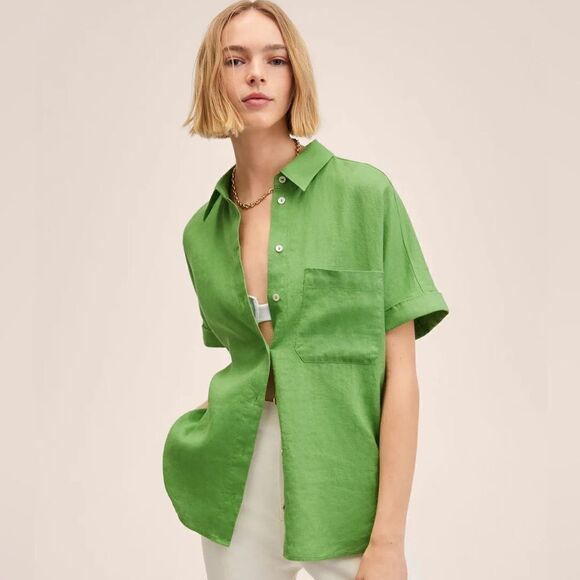 100% Linen Mango Shirt Green - Picture 5 of 9